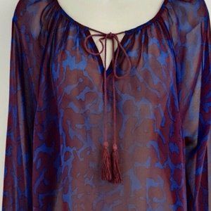 Olivaceous Blue Purple Boho Semi Sheer Peasant Blouse Tassels - Size LARGE